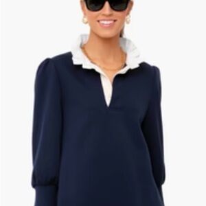 Pomander Place Navy Charlotte Blouse with White Ruffle Collar